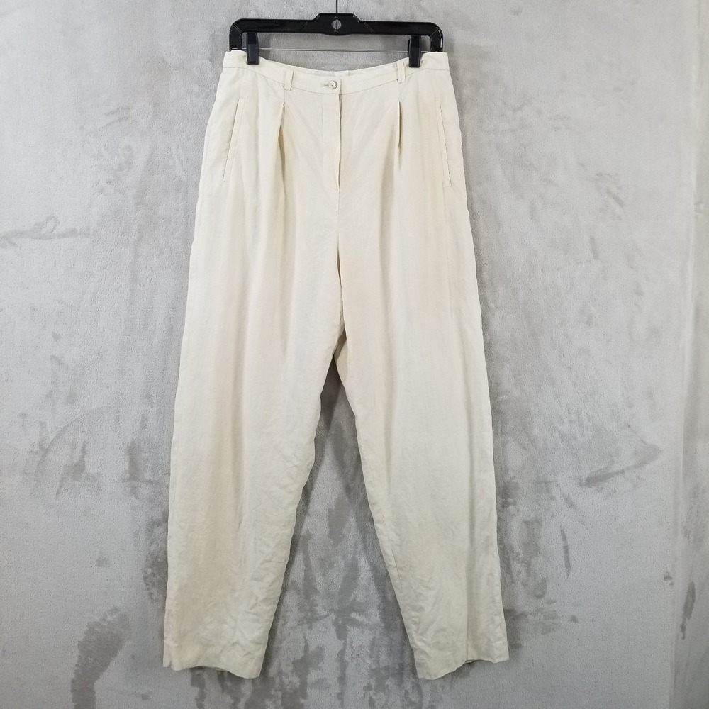 Vintage Pants Women 30" High Waist Pleated Beige 100% Linen Lined Academia Baggy